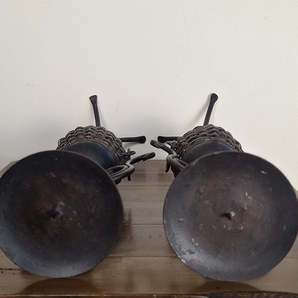 Pair Of Wrought Iron And Brown Wicker Candle Holders
